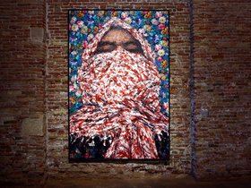 Ayman Baalbaki, Al Maw3oud, 2011, installation detail, The Future of a Promise, 2011, oil on canvas and printed fabric.