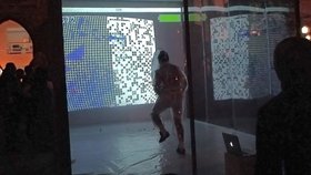 Ahmed Basiony, 30 Days of Running in Place, 2011, installation detail, Egyptian Pavilion, 54th Venice Biennale, five-screen video installation.