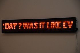 UBIK, Autosuggestion, 2012, Led ticker tape, sofa, dimensions variable. Courtesy Maraya Art Centre, Sharjah. &copy; the artist.