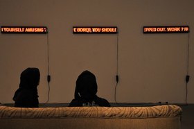 UBIK, Autosuggestion, 2012, Led ticker tape, sofa, dimensions variable. Courtesy Maraya Art Centre, Sharjah. &copy; the artist.