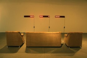UBIK, Autosuggestion, 2012, Led ticker tape, sofa, dimensions variable. Courtesy Maraya Art Centre, Sharjah. &copy; the artist.