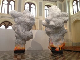Gal Weinstein, Fire Tire, 2010-2013. Wax, wool, polyester wool, styrofoam, graphite.