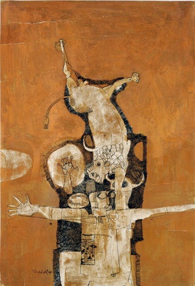 Dia Azzawi, Siraa' Jiljamesh ma'a al-&shy;Wuhush (Gilgamesh's Struggle with the Wild Beasts), 1966. Gouache and ink on paper, 52cm x 32cm. Private collection, London.