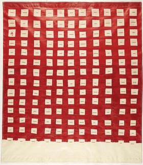 Nada Sehnaoui, Legal Violence, 1998, acrylic, paper and text on canvas, 151 x 176 cm. Courtesy of the artist.