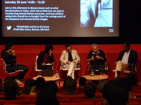 (from left): Eyal Weizman, Sandi Hilal, Alessandro Petti, Ilan Pappe and Okwui Enwezor.