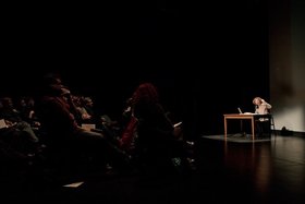 Rabih Mrou&eacute;, The Pixelated Revolution, 14 January 2012, lecture-performance. Courtesy Walker Art Center. Photograph by Cameron Wittig.