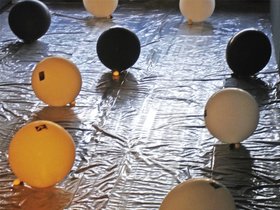 Nada Sehnaoui, Waynoun? Where Are They?, Beirut, 2006 and Li&egrave;ge, 2007, 3000 names, 400 photographs, 400 large black and white balloons and text. Courtesy of the artist.