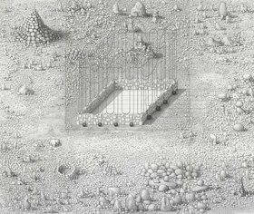 Paul Noble, Family is Infinity (or, Hard Labour), 2009–2010, Pencil on paper, 3 panels: 54 5/16 x 65 inches overall (138 x 165 cm). © Paul Noble and Gagosian Gallery.