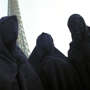 Ghada Amer and Ladan Sharok Naderi, <i>I ♥ Paris,</i> 1991, three chromogenic prints from a series of six. Courtesy of Cheim & Reid, New York. 