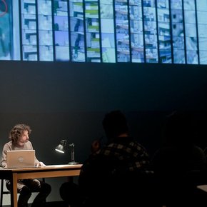 Rabih Mroué, <i>The Pixelated Revolution,</i> 14 January 2012, lecture-performance. Courtesy Walker Art Center. Photograph by Cameron Wittig.