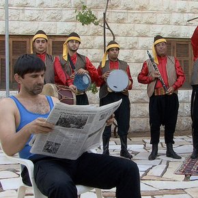 Mounira al Solh, detail of <em>The Mute Tongue>, from the proverb <em>Like a deaf in a wedding dance</em> <em>(Mithl al Atrach Bil zaffé)</em>, 2011, video still.