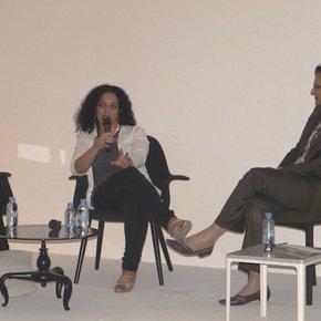 'Where do we go from here? Women in Contemporary Arab Art' panel, Maisoon Al Saleh, Sama Alshaibi, Salwa Mikdadi, Isabella Ellaheh Hughes, Traffic, Dubai, 2012. Courtesy of the U.S. Embassy Abu Dhabi, Public Affairs Section. 