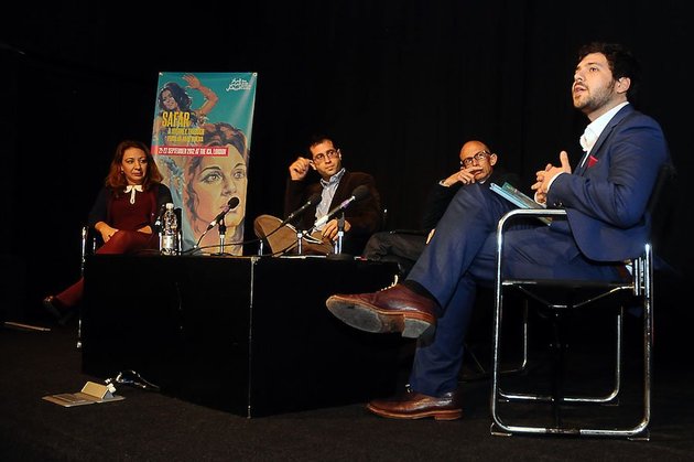Safar forum. (Left - Right) Mona Deeley, Ali Jaafar, Jason Wood, Omar Kholeif. Photo &copy;Kevin Poolman 2012.