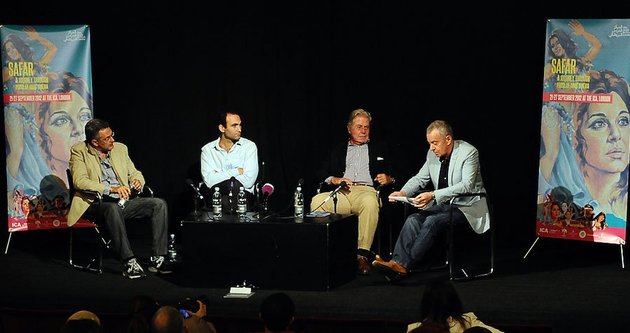 Safar forum. (Left - Right) Philippe Aractingi, Khalid Abdalla, Hussein Fahmy, Brian Whitaker. Photo &copy;Kevin Poolman 2012.