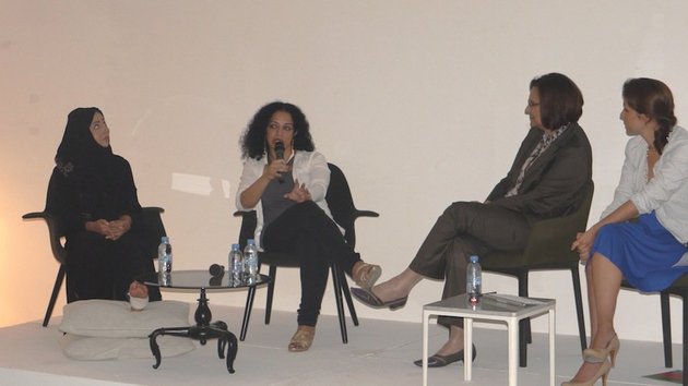 Where do we go from here? Women in Contemporary Arab Art panel, Maisoon Al Saleh, Sama Alshaibi, Salwa Mikdadi, Isabella Ellaheh Hughes, Traffic, Dubai, 2012. Courtesy of the U.S. Embassy Abu Dhabi, Public Affairs Section.
