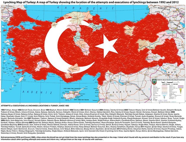 Hakan Akçura, Almost over Lynching Map of Turkey, a map of Turkey showing the location of the attempts and executions of lynchings between 1992 and 2012, 17th of January 2010, published in a Turkish Newspaper. Courtesy and © www.open-flux.blogspot.com.
