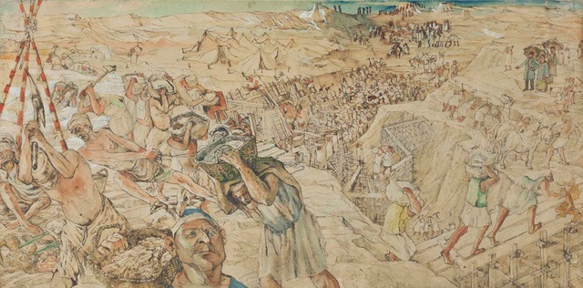 Abdel Hadi al-Gazzar, Construction of the Suez Canal (1965). Watercolour and India ink on paper.