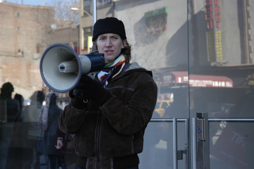 Sharon Hayes, I March In The Parade Of Liberty, But As Long As I Love You I'm Not Free, 2008. Documentation of performance, (New Museum, New York, NY).