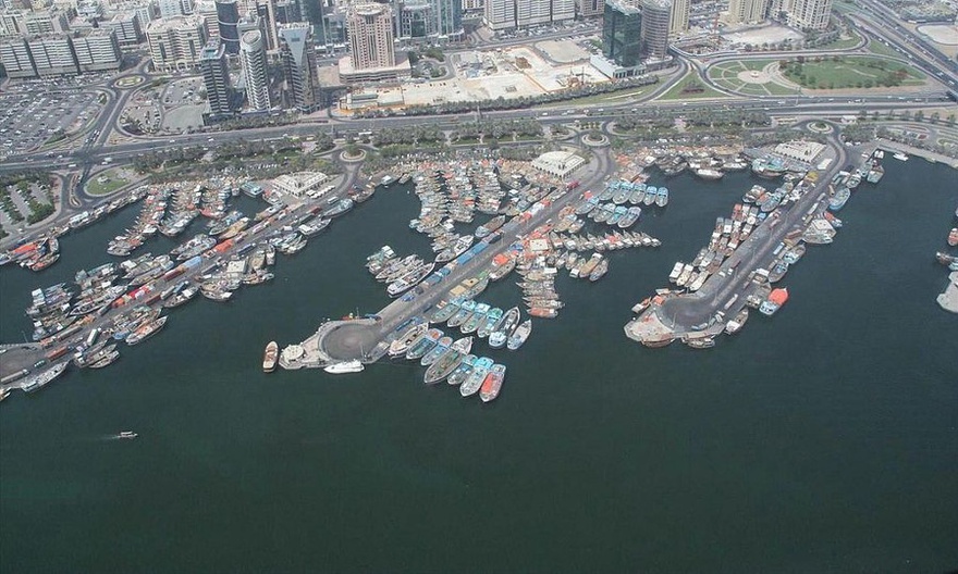 Aerial view of Port Saeed in Deira. Aladdin City's towers are proposed&nbsp;above its three piers.