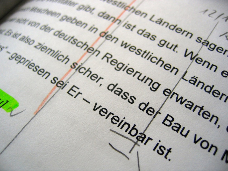 Work photo, Hamburger Lektionen (Hamburg Lectures), a film by Romuald Karmakar, Germany 2006. We see an excerpt of the director&rsquo;s shooting script used in the editing room. 