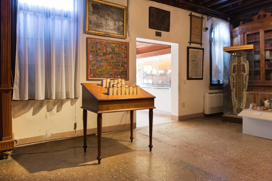 Hera B&uuml;y&uuml;ktaşcıyan, Letters from Lost Paradise, 2015. Mechanism, bronze, wood. 64 x 100 x 85-90 cm (front), 110-115 cm (back). Installation view, Mekhitarist Monastery of San Lazzaro degli Armeni, Venice.