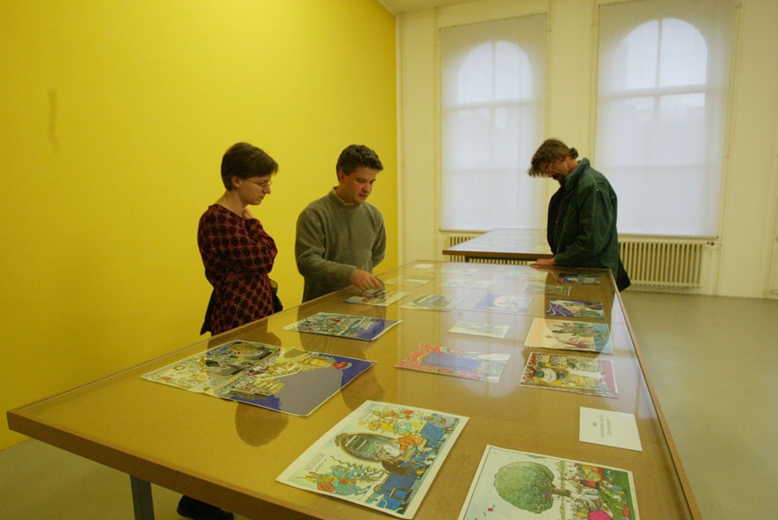 Installation shot of cartoons by Golo, Contemporary Arab Representations, Cairo, 18 May–27 July 2003, Witte de With Center for Contemporary Art, Rotterdam.