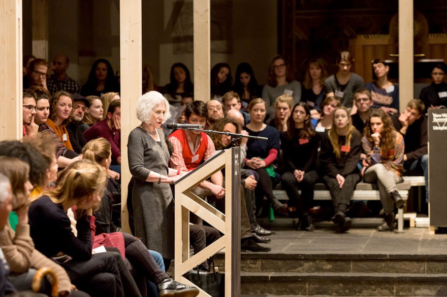 Lawyer Nancy Hollander standing surrounded by the writings of her client Mohamedou Ould Slahi. New World Summit &ndash; Utrecht, 2016. 