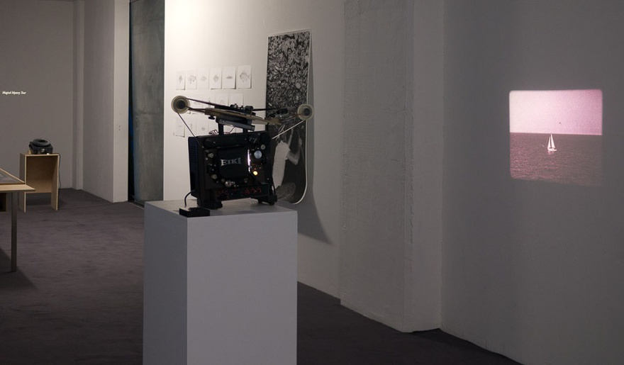 Right: Marcel Broodthaers, A Voyage on the North Sea, 1973-4. Left: Uriel Orlow, The Short and the Long of It, Installation view, Au loin une &icirc;le, Frac Aquitaine, Bordeaux, 2011.