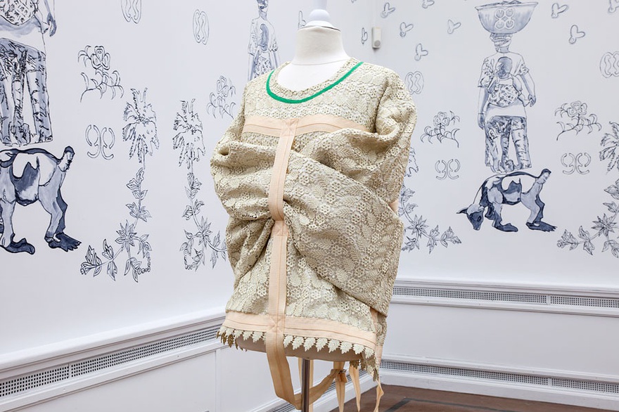 Godfried Donkor, Rebel Madonna Lace Collection, 2016. Installation, lace, clothes, mannequins, drawings. Dimensions variable. Installation view at EVA International &ndash; Ireland&rsquo;s Biennial 2016.