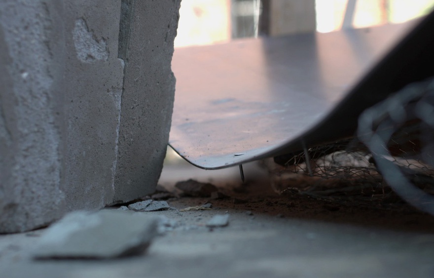 Helene Kazan, Engineering Shelter, 2015. Video still, moment of impact.