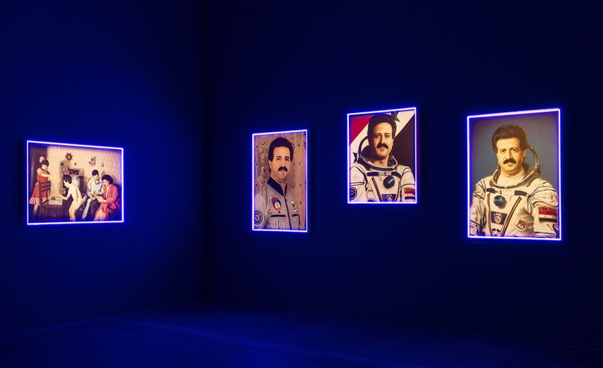 Halil Altındere, Muhammed Ahmed Faris with Family, 2016; Muhammed Ahmed Faris Portrait I–III, 2016; exhibition view Space Refugee, Neuer Berliner Kunstverein, 2016.